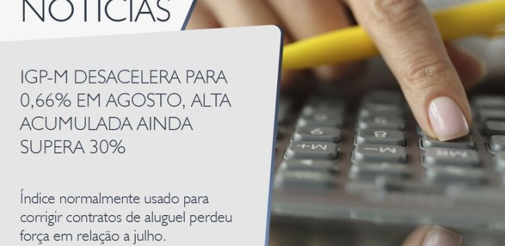 IGP-M DESACELERA PARA 0,66% EM AGOSTO, ALTA ACUMULADA AINDA SUPERA 30%